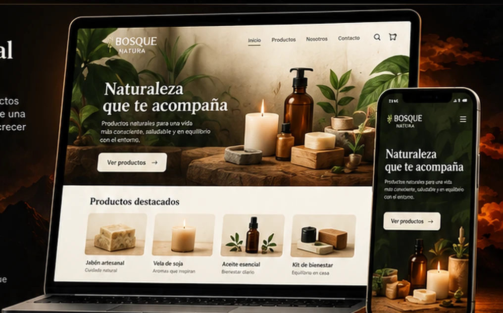 Vista ilustrativa de una tienda de productos naturales en computadora y celular